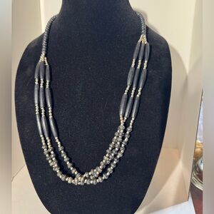 Silvertone Black Beaded Triple Strand Necklace with Silvertone beads. (D-W)